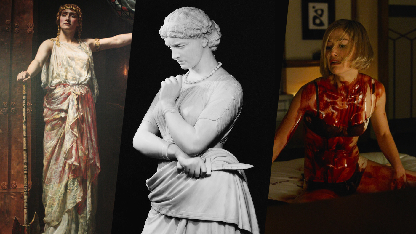 Clytemnestra, Medea, and Amy Dunne, as depicted by John Collier, William Wetmore Story, and Rosamund Pike (© 20th Century Fox), respectively